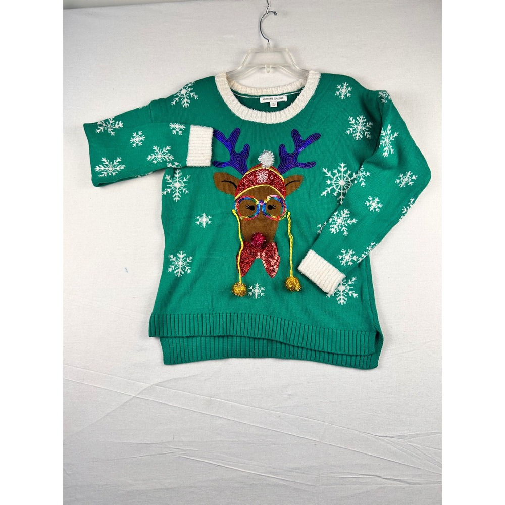 Celebrate Together Reindeer Snowflake Ugly Christmas Sweater Green Sequin SZ M